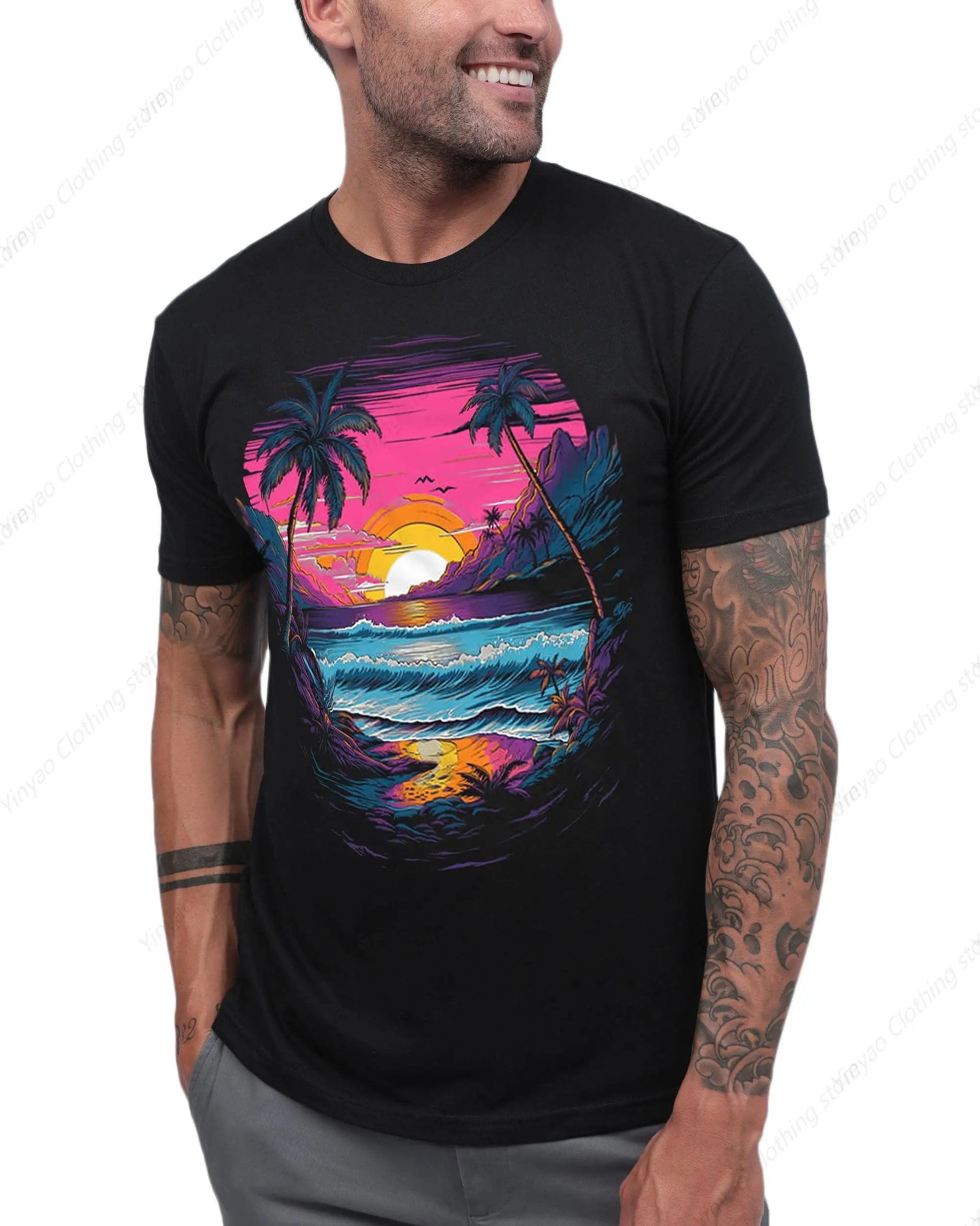 

Neon Shores Landscape Printed Men's T-shirt Black Fashion Cool Men's Cotton Clothes