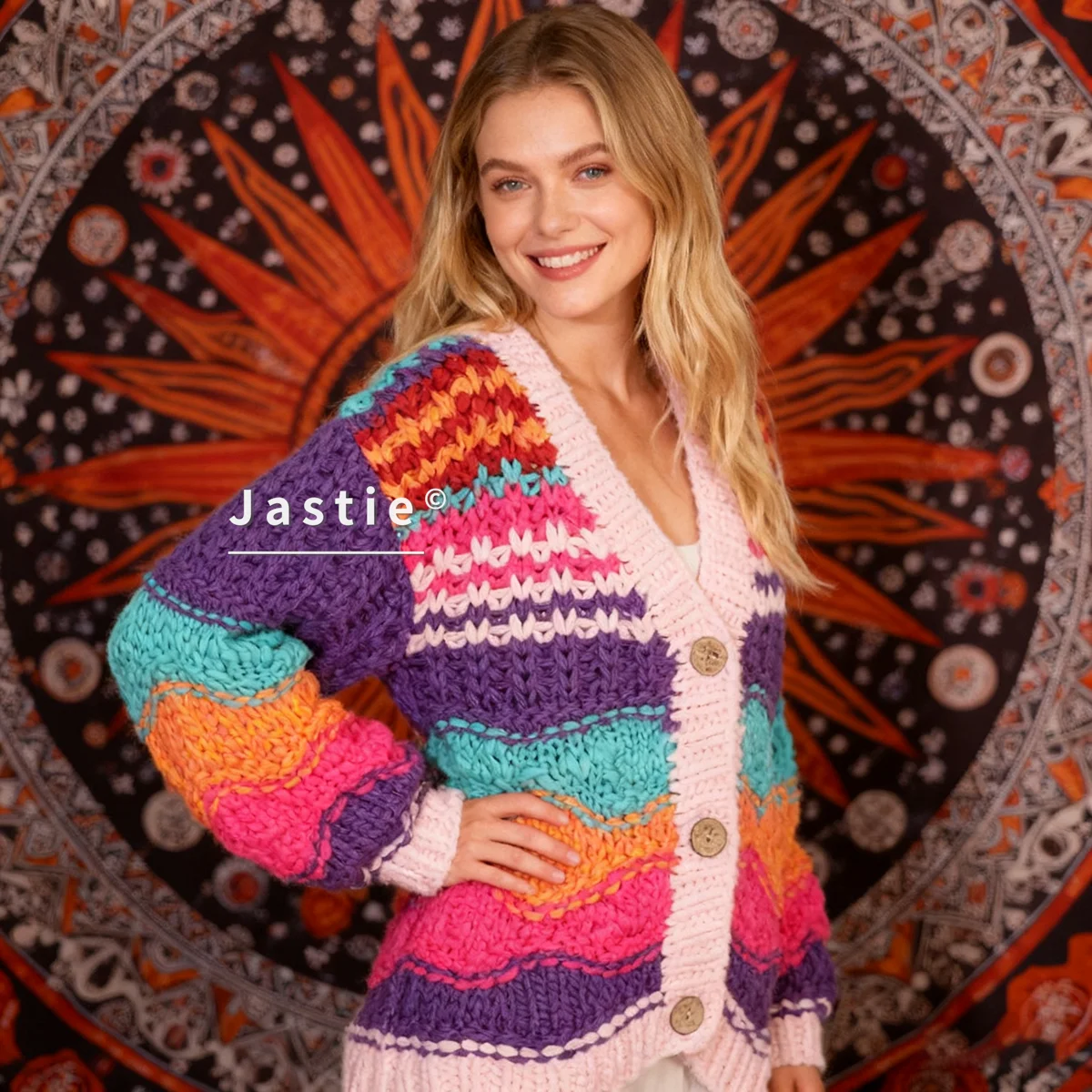 

Bohemian Vintage Handmade Crochet Chunky Knit Striped Cardigan Sweater Winter Thick And Warm Knitted Cardigan Coat Sweater