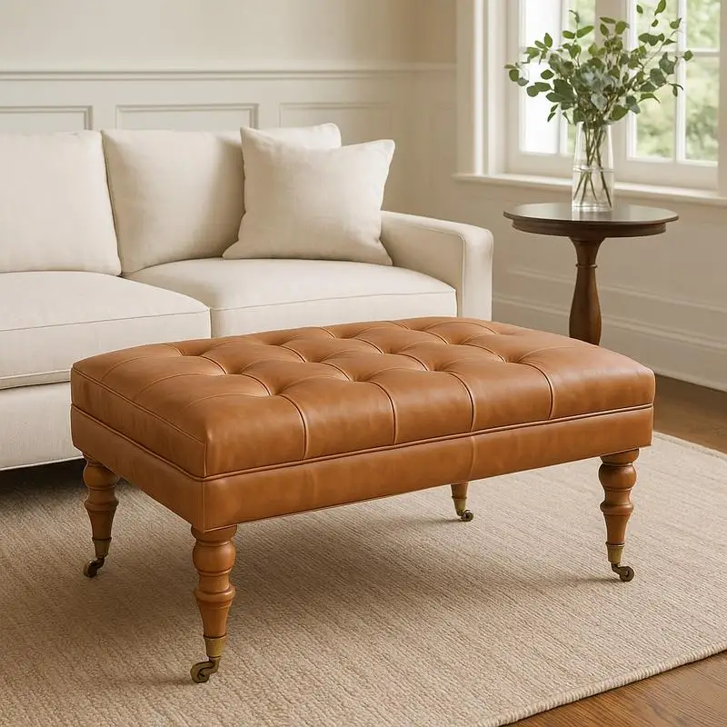 

Tan and Brown Solid Wood Buffalo Leather Ottoman with Casters