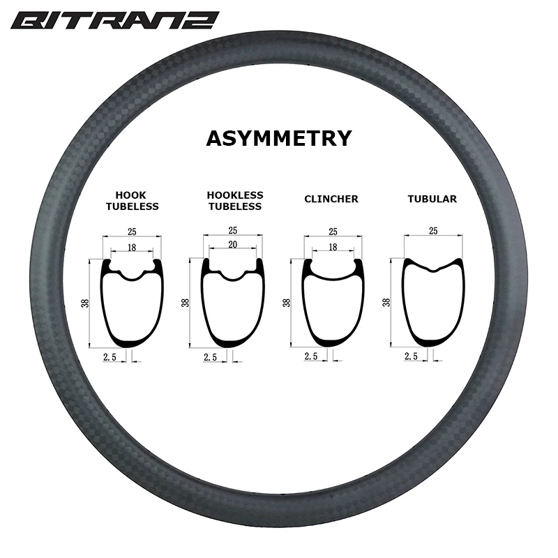 Asymmetric 700c 38mm Clincher Tubeless Road Bike Carbon Rims 25mm Wide 18mm 20mm Inner V Brake or Disc UD 3K 12K Marble Twill