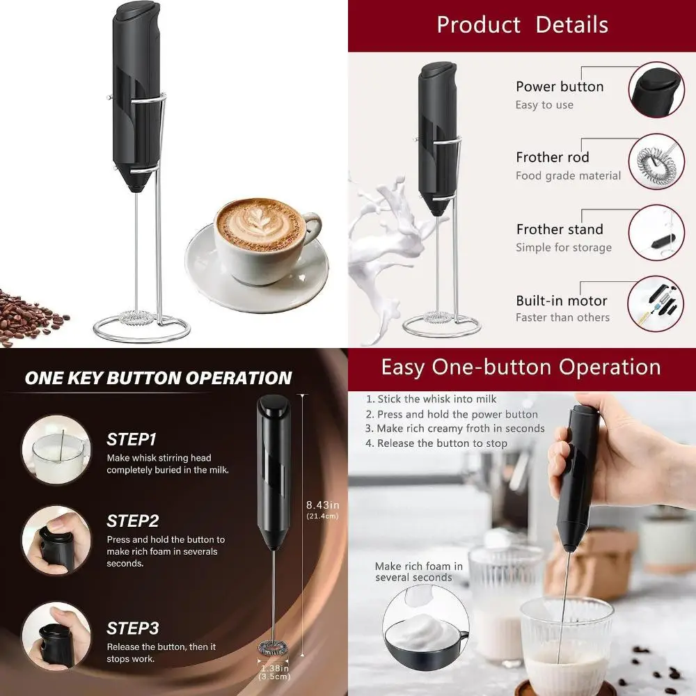 Efficient and Stylish Battery Powered Handheld Milk Frother with Stainless Steel Stand for Coffee and More - Convenient Drink Mi