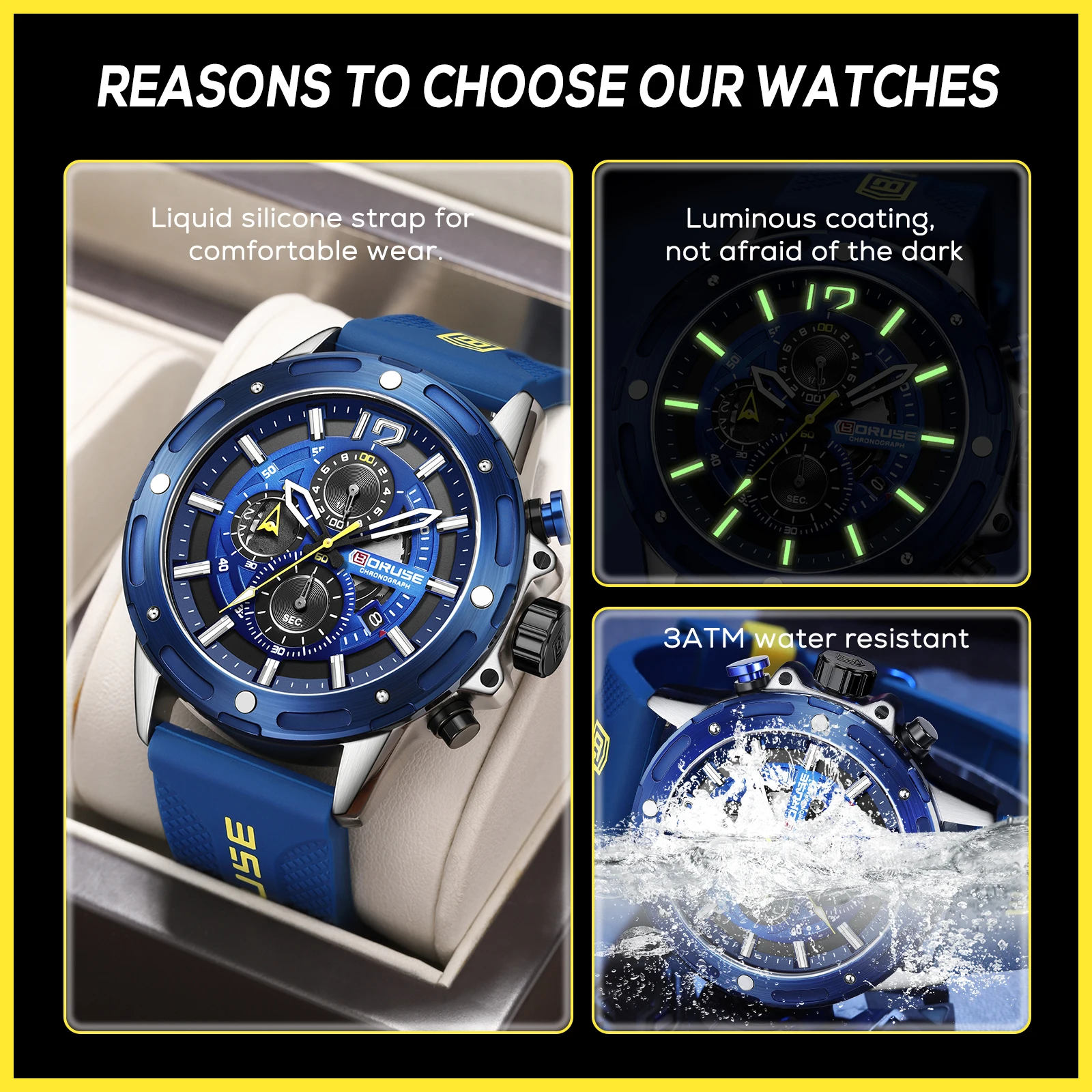 BORUSE Blue Watches for Men Chronograph Watches Male Silicone Quartz Wristwatch Sports Waterproof Luminous Watch