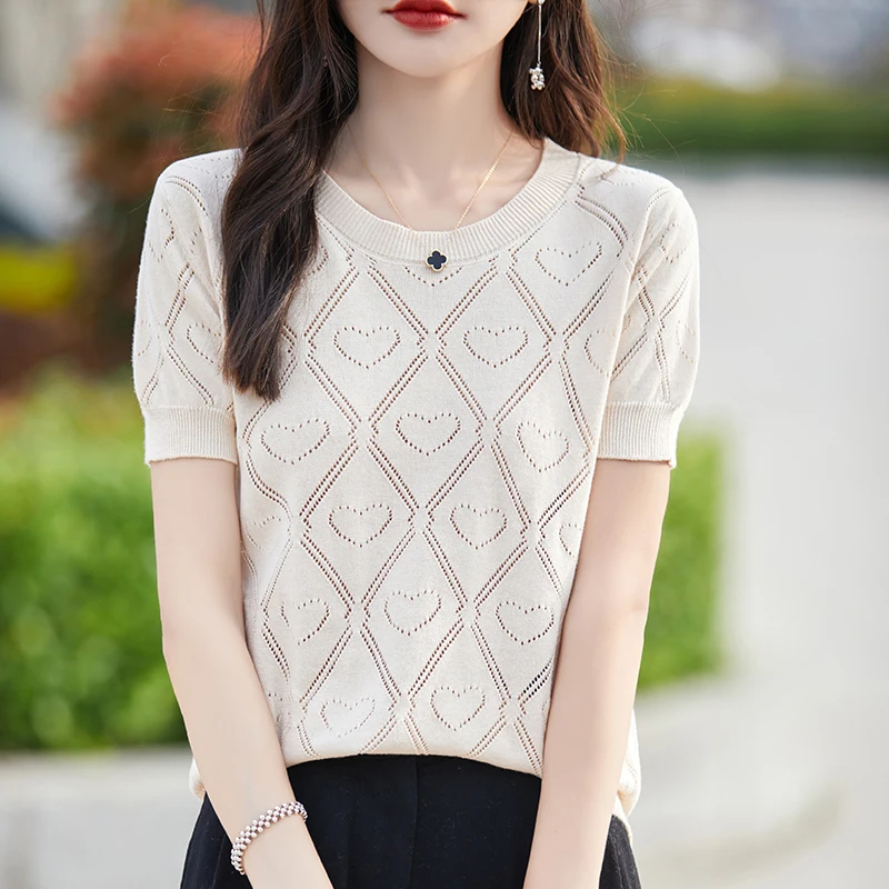 New Summer Fashion 100% Pure Cotton Women's Sweater Short sleeved Casual O-neck Pullover T-shirt Loose Knitted Hollow Top
