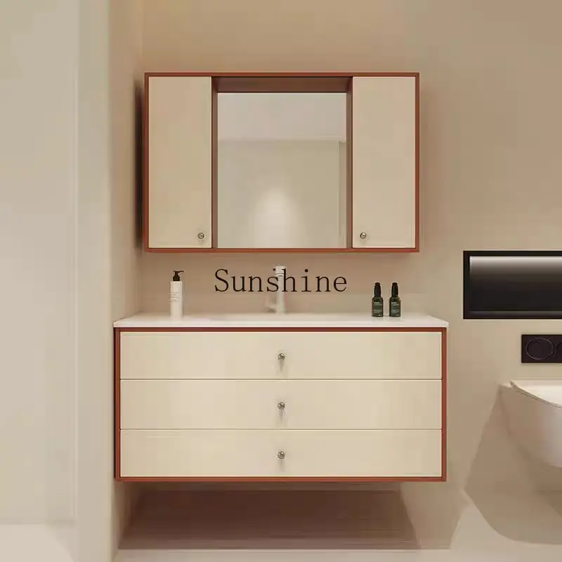 Medieval style double color solid wood ceramic integrated basin bathroom cabinet combination, simple and modern
