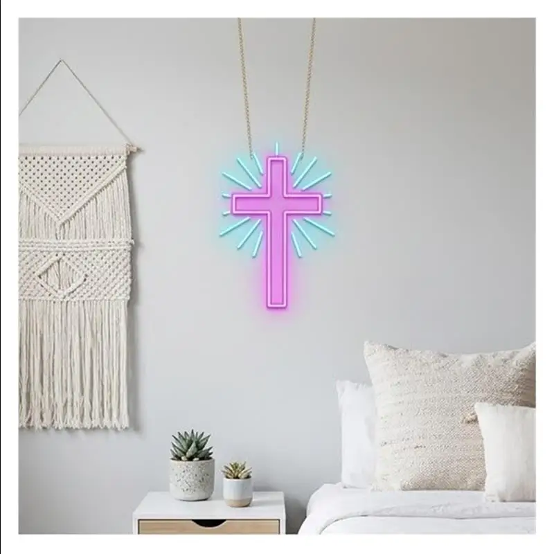 Jesus Cross Neon Sign For Faith Bedroom Wedding Living Room Wall Decoration Dimmable USB Powered Night Light 38cmx28cm