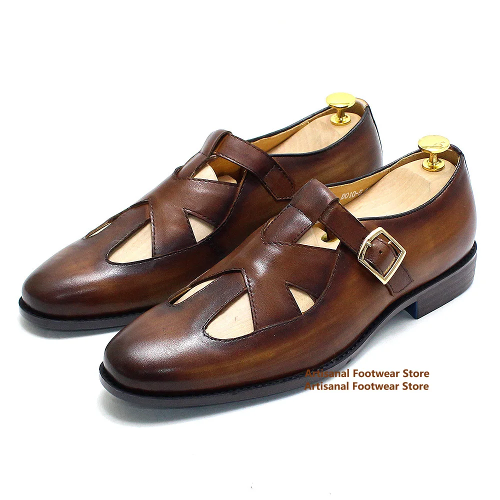 Hollow Out Men's Sandals Summer Flat Soled Single Shoes Brown/black Leather Buckle Strap Breathable Leather Shoes for Men