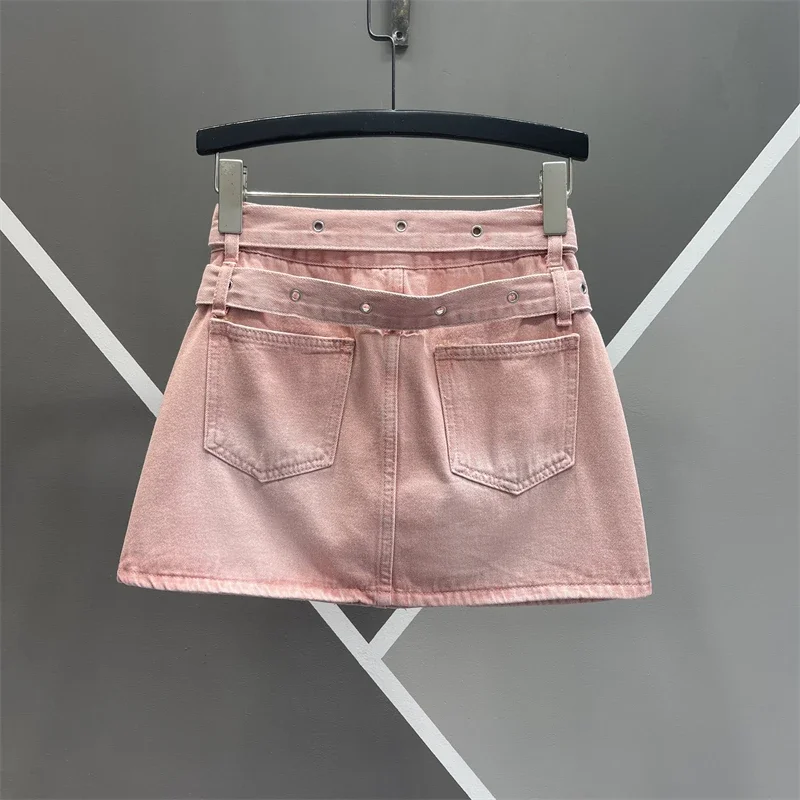 Streetwear Women Sheath Pink Denim Skirt European 2023 New Summer Anti-Exposure High Waist Slimming A- Line Short Denim Skirts