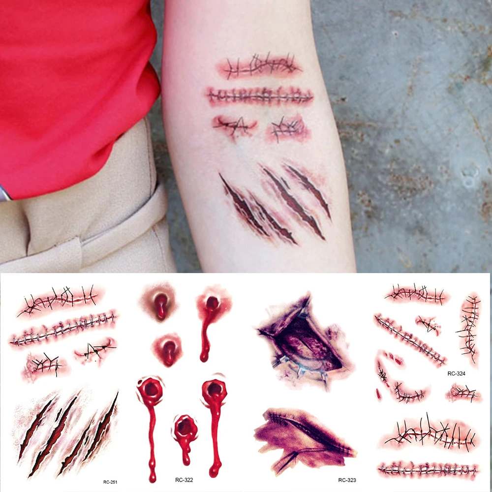 8 feuilles Halloween terreur plaie tatouage temporaire imperméable réaliste sang tatouages blessure cicatrice tatouage autocollants pour visage mains