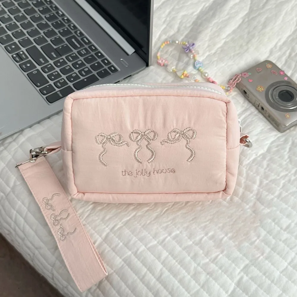 

With Lanyard Zipper Wristlet Wallet Handbag Lipstick Bag Camera Storage Bag Earphone Bag Keychain Embroidered Bow Makeup Bag