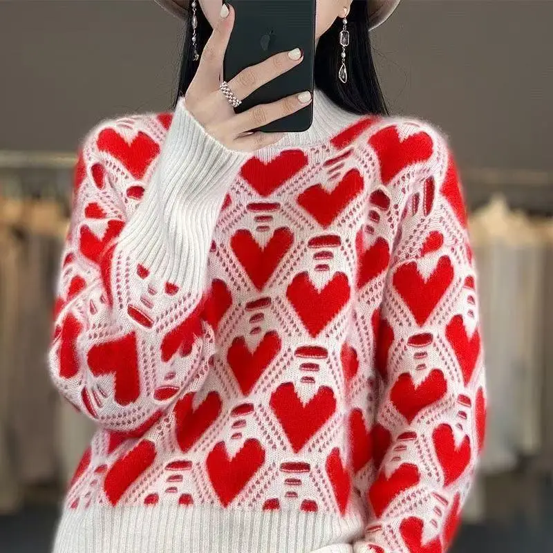 Red love jacquard crew neck knitted sweater women's autumn and winter 2026 new thickened super good-looking knitted top
