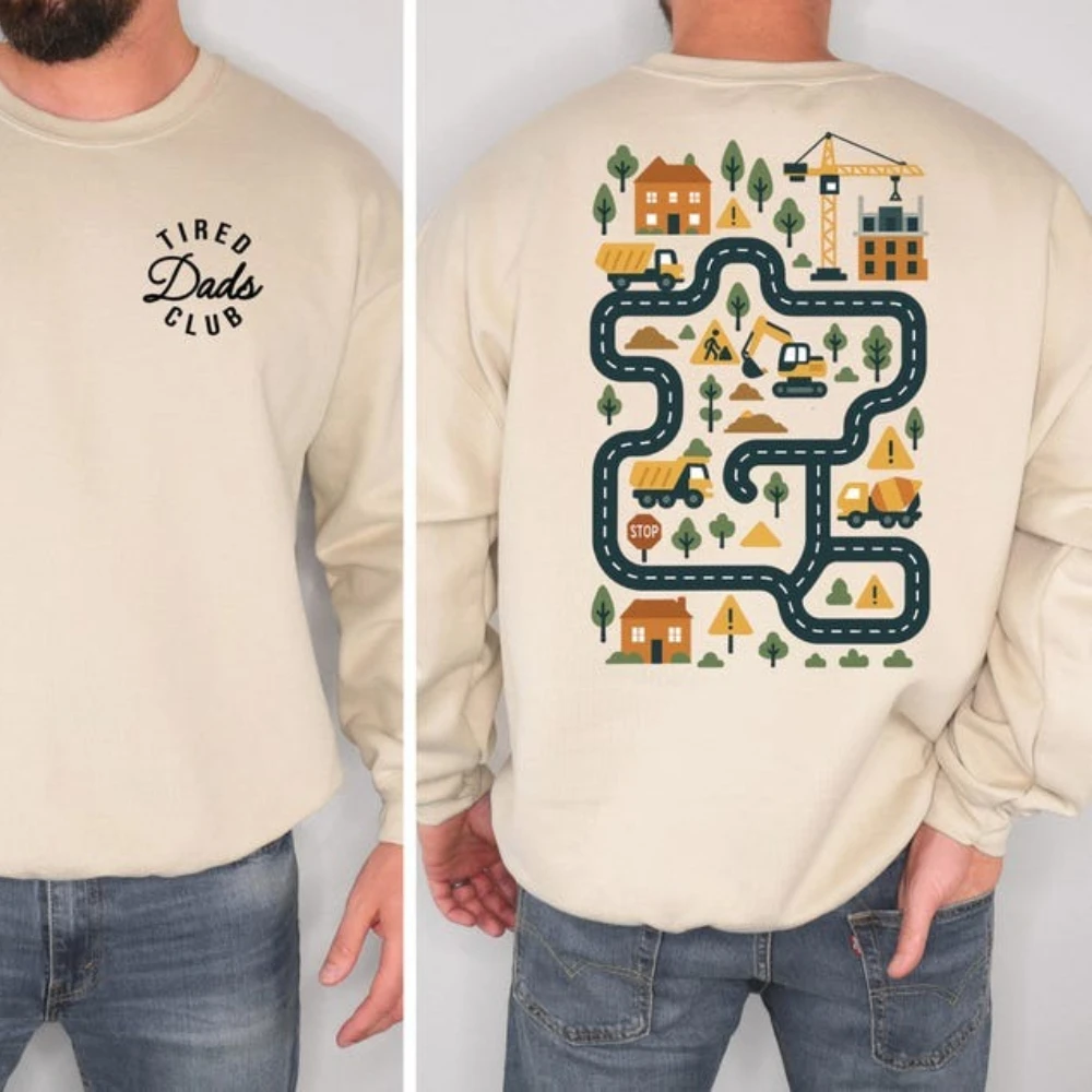 Tired Dads Club Sweatshirt Construction Dad Sweatshirt Play Cars on Dads Back Hoodie Mat Road Car Race Track Father's Day Gift