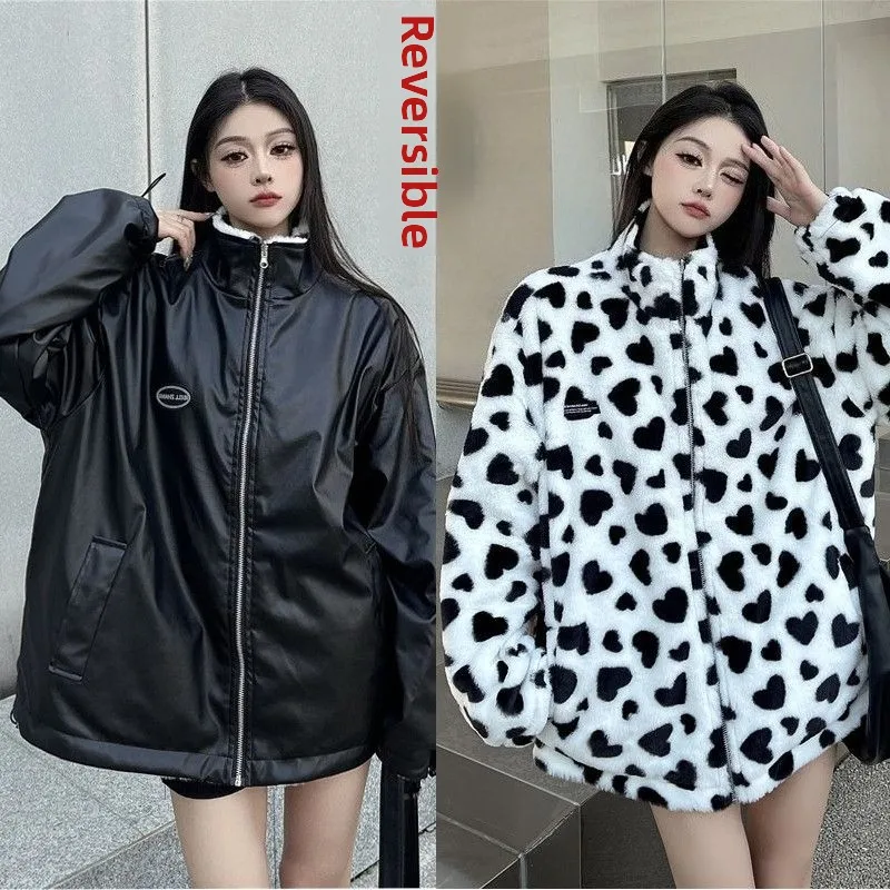 

Кожаные куртки Dopamine Wears с обеих сторон, женские плюшевые теплые свободные утолщенные ветрозащитные куртки с хлопковой подкладкой Tide Fashion