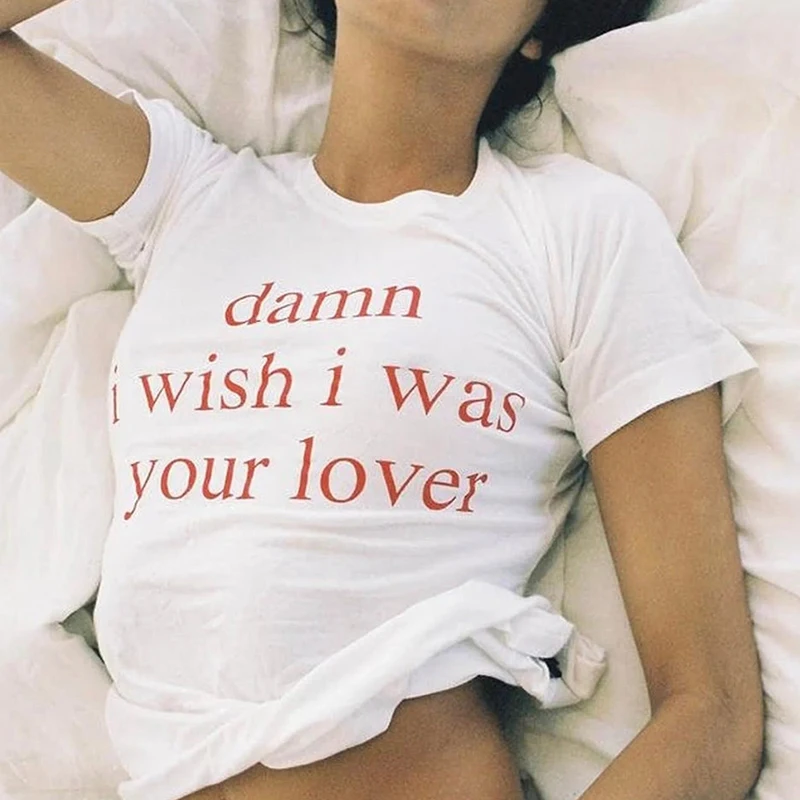 Damn I Wish I Was Your Lover Red Letters Print Women's Cropped Top Causal Streetwear Y2k Fashion Baby Tee O Neck T Shirt Femme