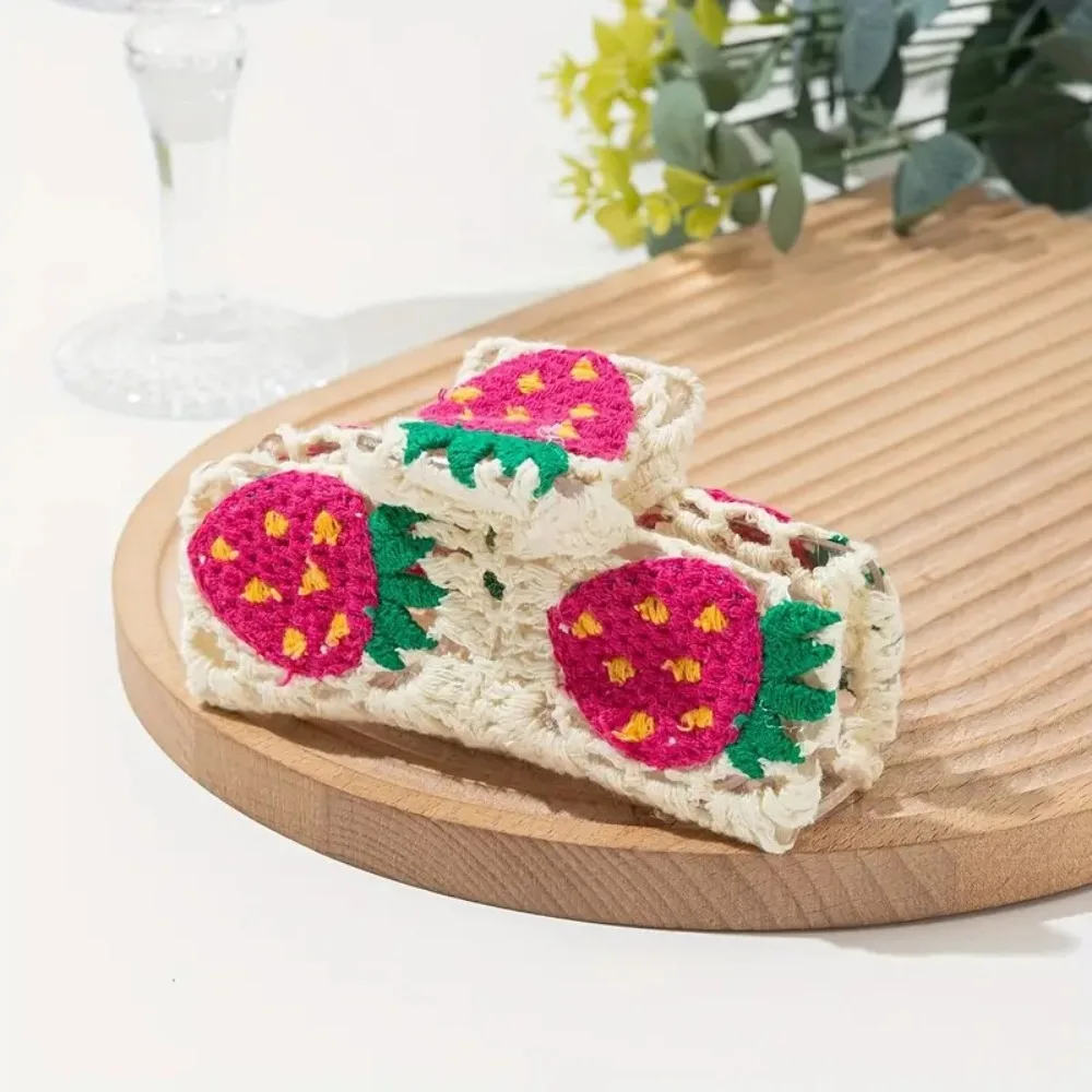 

Flower Floral Knitted Crab Clip Hollow Out Colorful Embroidered Crochet Shark Clip Hair Accessories Strawberry