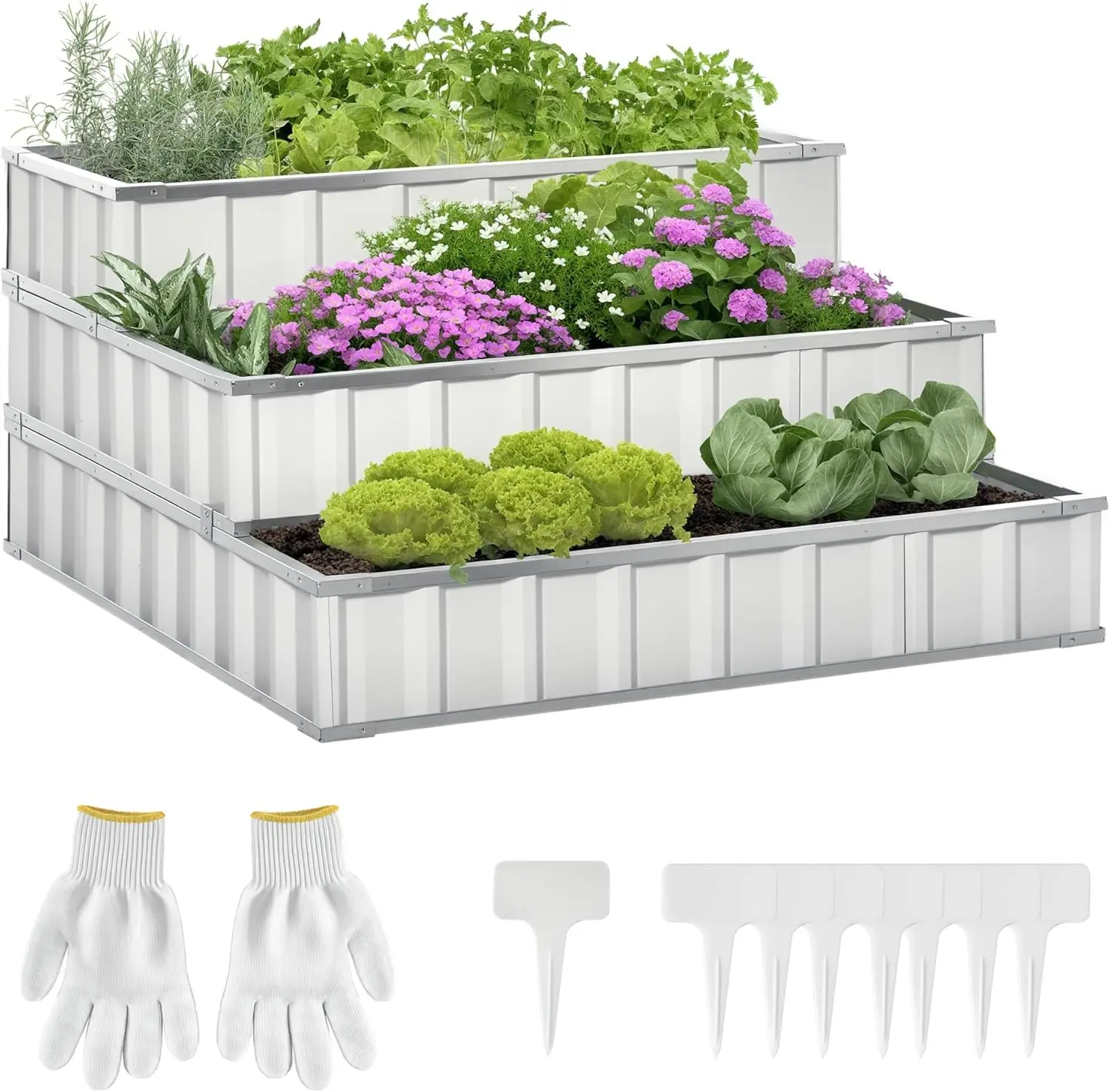 

3 Tier Raised Garden Bed Outdoor Metal Patio Planter Box with Gloves, 4' x 4' x 2' for Backyard, Patio to Grow Vegetables, Herbs