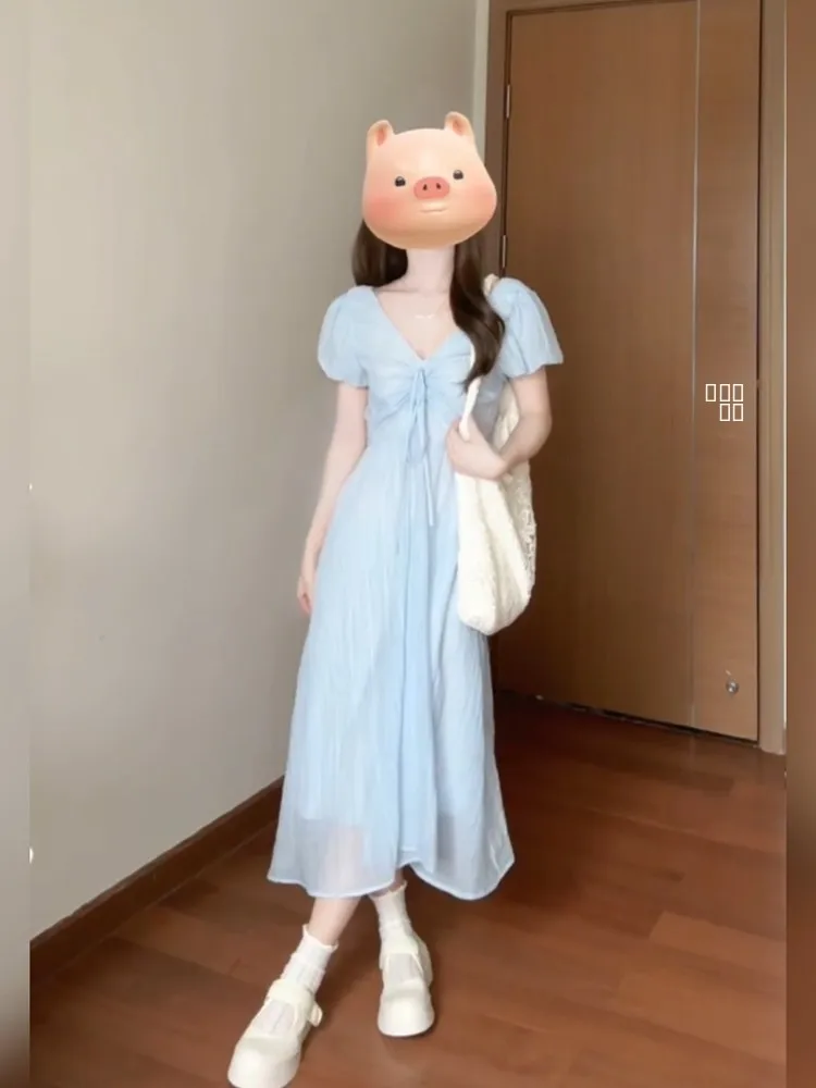 

Летнее женское плиссированное платье XZY Ele Blue V-Ne Puffy Sve Long Dr, с завышенной талией, для повседневной носки, фасон А-силуэт