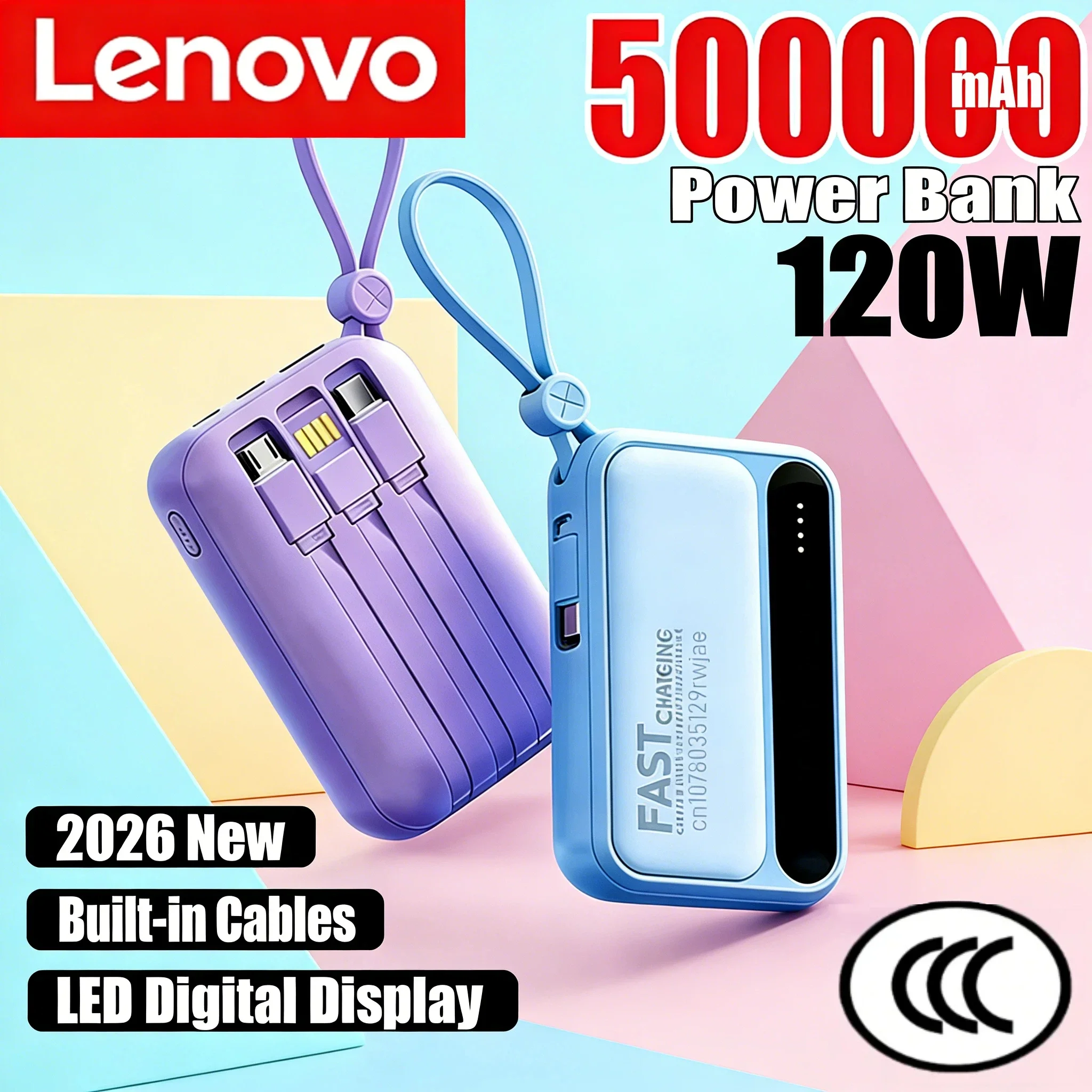 

Портативное зарядное устройство Lenovo Power Bank 120W с быстрой зарядкой, 500000 мАч, большая емкость, 4 кабеля в 1, интеллектуальный цифровой дисплей, для iPhone и Vivo