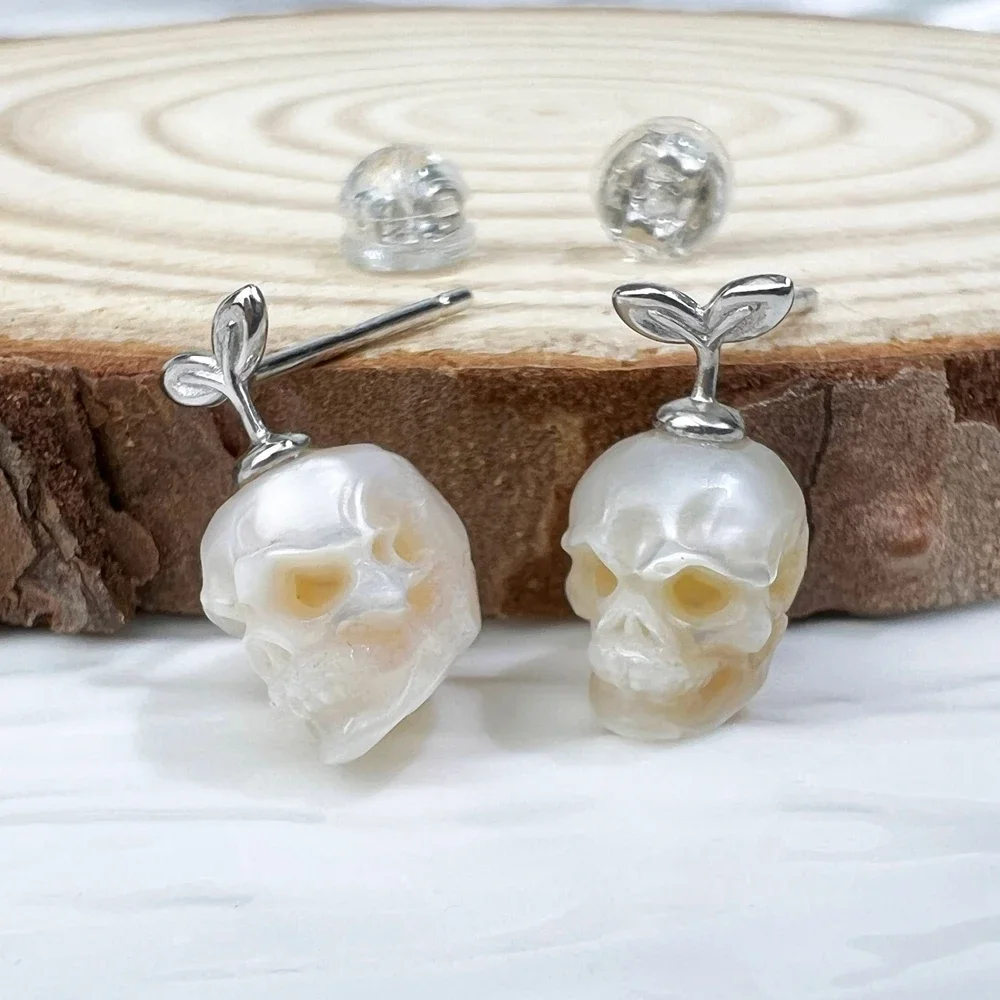 Skull Carved Freshwater Pearl 925 Sterling Silver Leaf Stud Earrings Gothic Jewelry Handmade Gift for Wedding