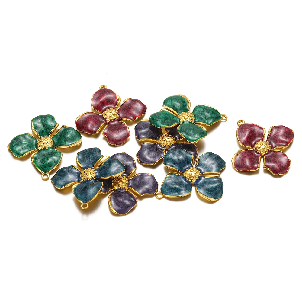 

5pcs Stainless Steel Enamel Flower Charms Gold Color Base Pendants Bulk for DIY Trendy Necklace Bracelet Jewelry Making Material