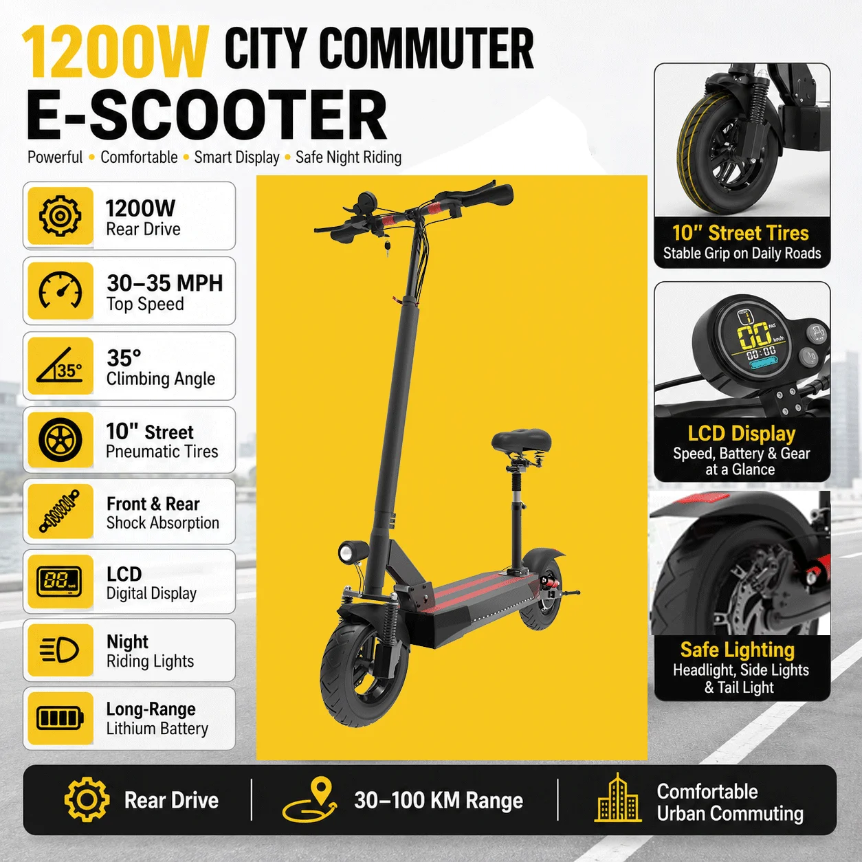 1200W Offroad Electric Scooter for Adults with Seat, 45-60KM/H Fast Speed E Scooter, 30-50KM Long Range Commuter Electric Kick Scooter, Dual Suspension, Off Road Tires, Disc Brakes, Folding Electric Scooter for Adults, US CA AU UK EU Warehouse Stock view 5