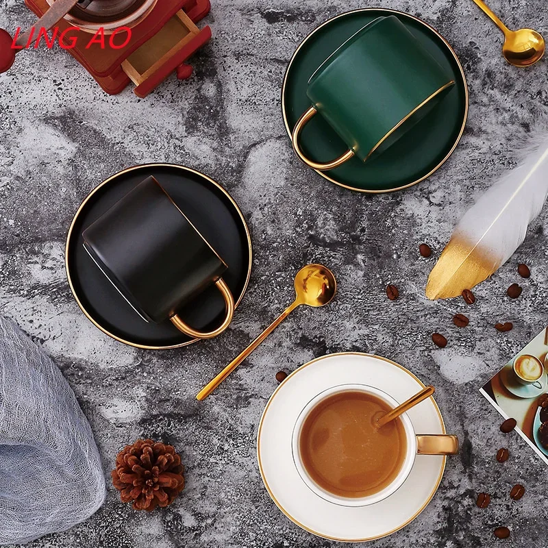 LingAo-Simple Ceramic Coffee Cup and Saucer Set with Spoon, Can Be Customized