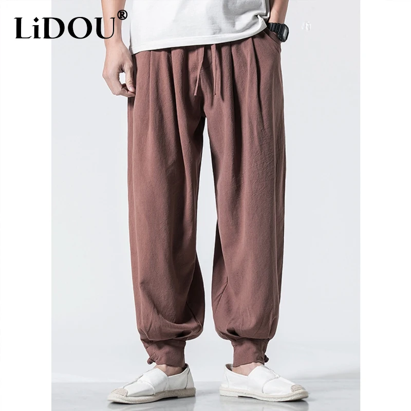 

2023 Spring Summer New Solid Color Elastic Waist Drawstring Pockets Loose Casual Haren Pants Man Vintage Comfortable Trousers