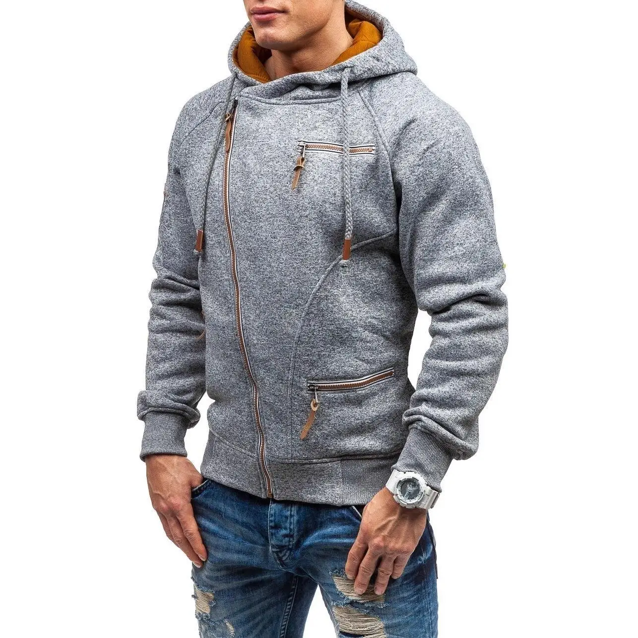 

New Men's Hoodie Sweatshirt Personalized Side Zipper Snowflake Fleece Fabric Casual Windbreaker Cardigan Style Winter Coat