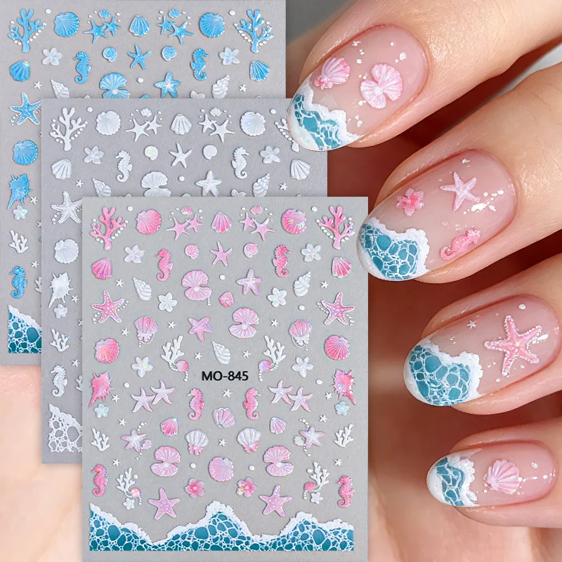 3-teiliges Set Seestern Muschel 3D Nagelaufkleber Glas Ozeanwellen Korallen Nagelsliders Sommer Urlaub Strand Party Nagelzubehör