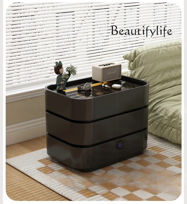 Black Italian Bedside Table Design Sense Bedside Cabinet Light Integrated Mini Small Size Chest of Drawers with Lock