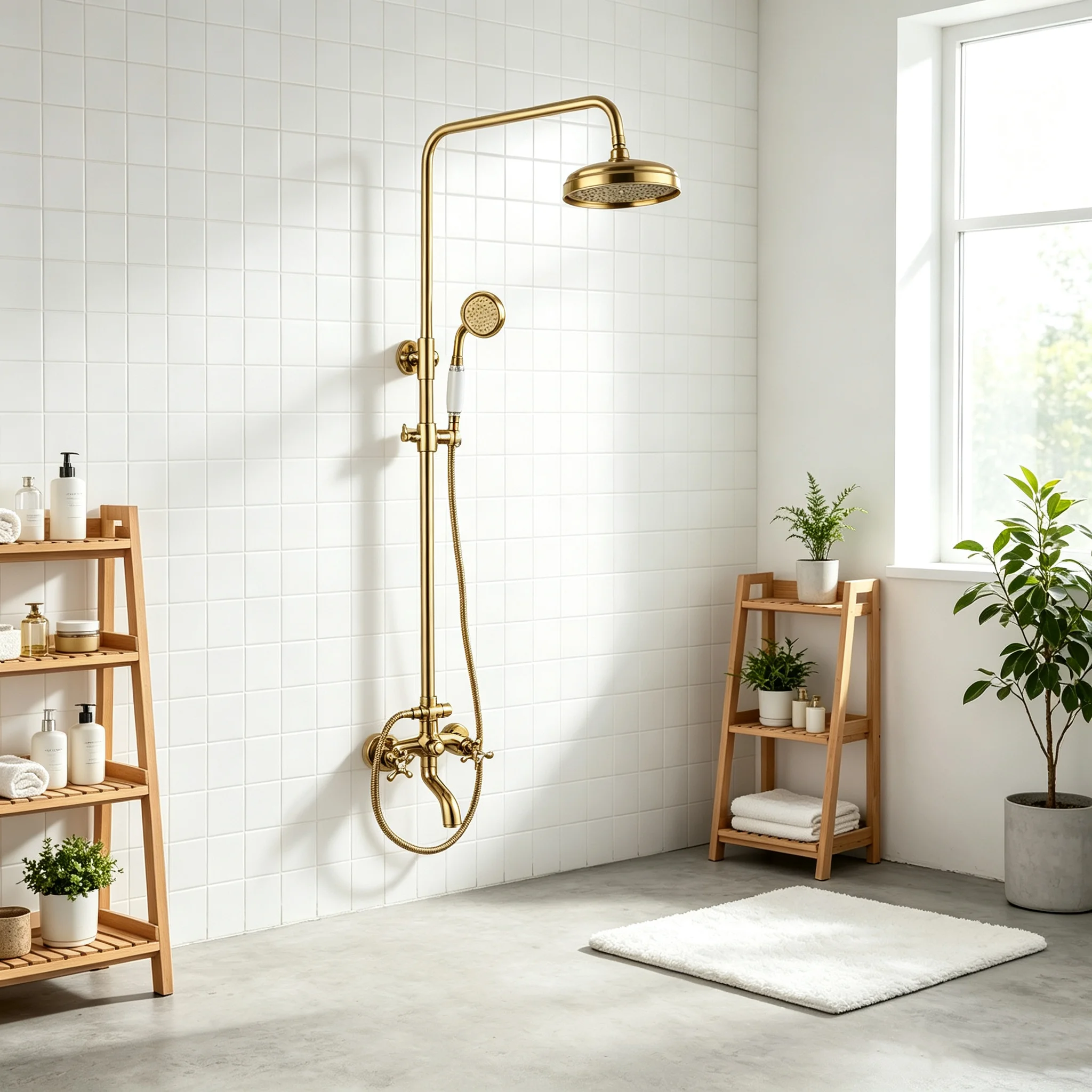 SINLAKU Gold Shower Set Solid Brass Exposed Shower System Antique Retro Cross Handle Rain Shower Kit With Overhead Shower Mixer