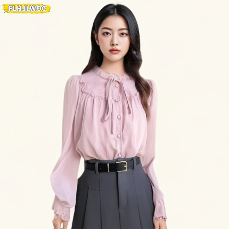 Women's Ruffles Cute Bow Tie Tops Preppy Style Vintage Japanese Korea Design Button Elegant Formal White Pink Shirts Blouses