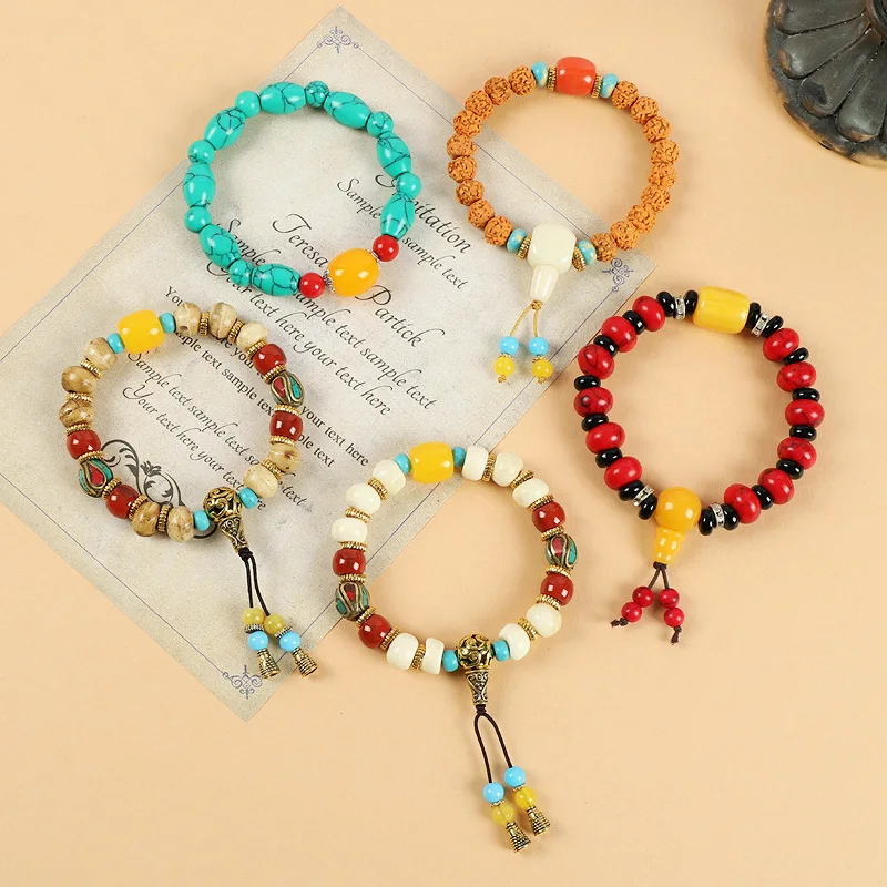 Pulseras de cuentas hechas a mano de Nepal Retro Para hombres y mujeres, estilo étnico tibetano, hueso de buey, piedra turquesa, piedras preciosas exóticas, regalos de joyería de lujo