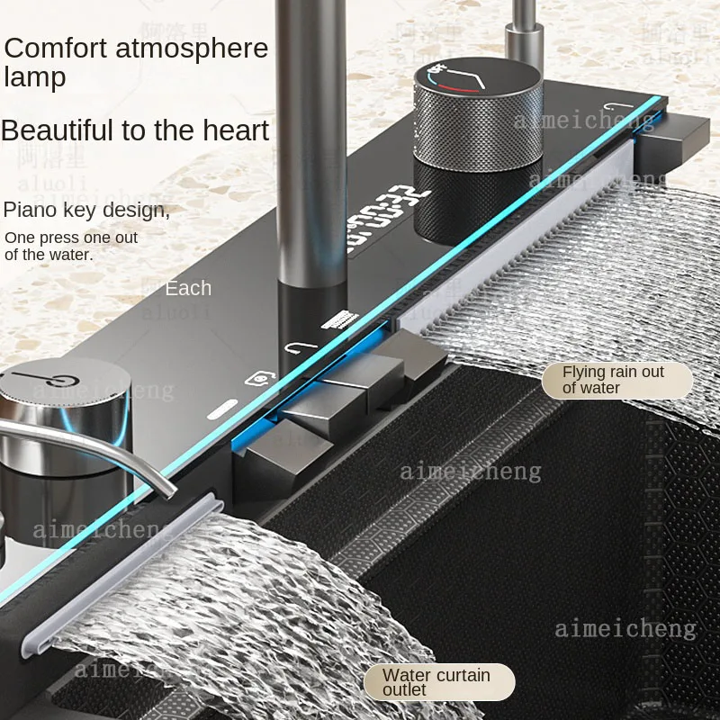 Stainless Steel Waterfall Kitchen Sink With Knife Holder Embossed Extra Large Single Slot Digital Display Faucet Set