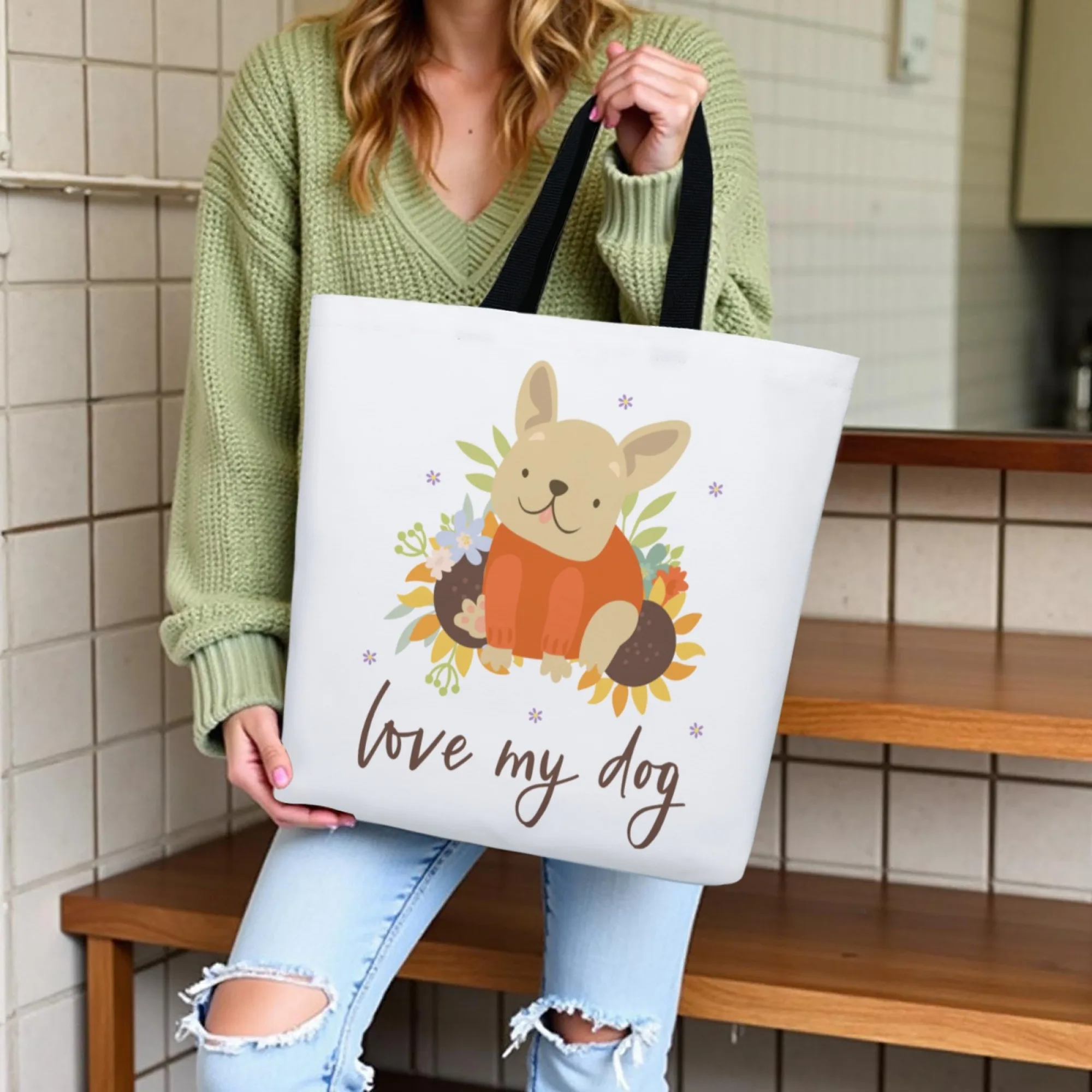 

Прочная холщовая сумка-тоут с французским бульдогом Kawaii, сумка через плечо с художественным принтом, повседневная сумка, многоразовая сумка для покупок, путешествий и собачьего мероприятия