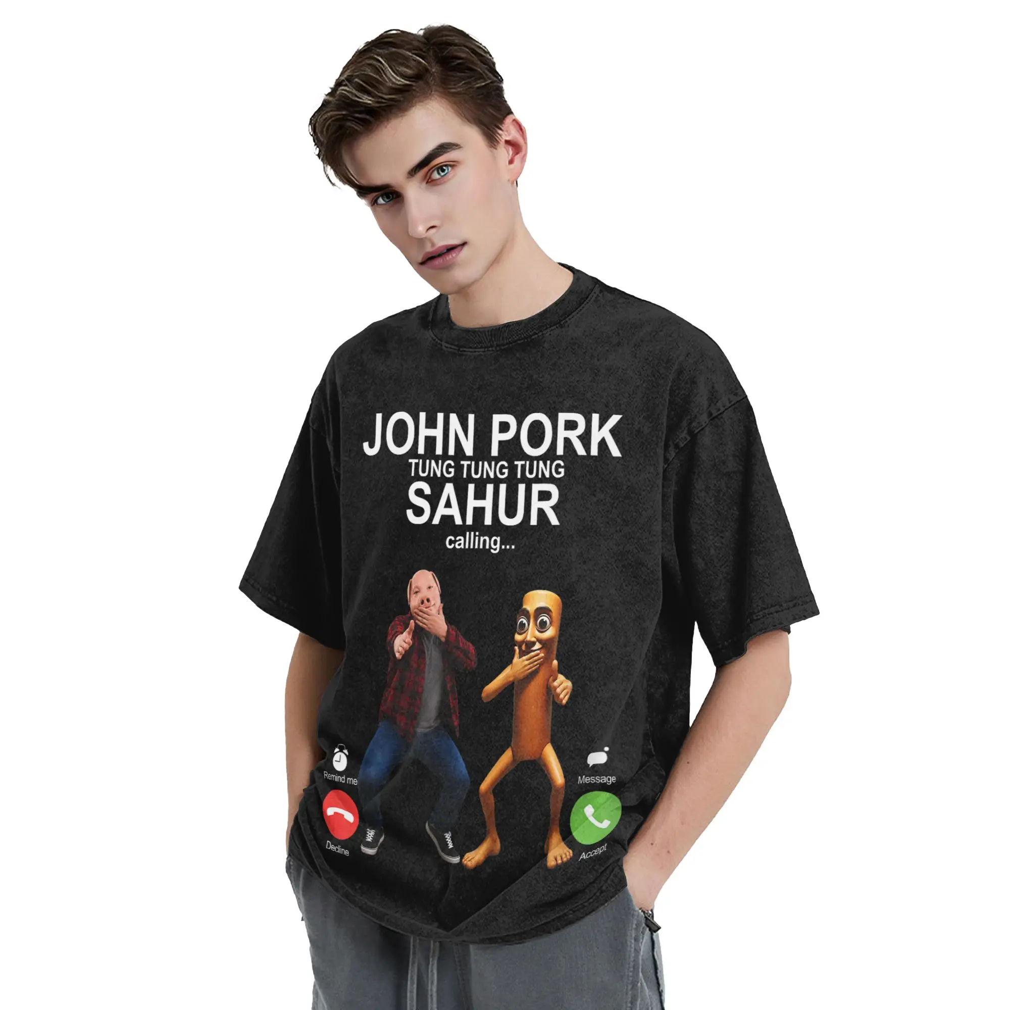 John Pork and Tung Tung Tung Sahur is Calling Scuba Dance Washed T Shirt Streetwear T-Shirts  Tees for Men Women Short Sleeve