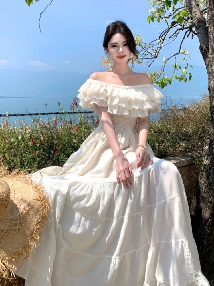 

Women Beige Sexy Off Shoulder Slim Pleated Long Dress Elegant Strapless Tierred Ruffles A-line Dresses Vacation Party Clothes