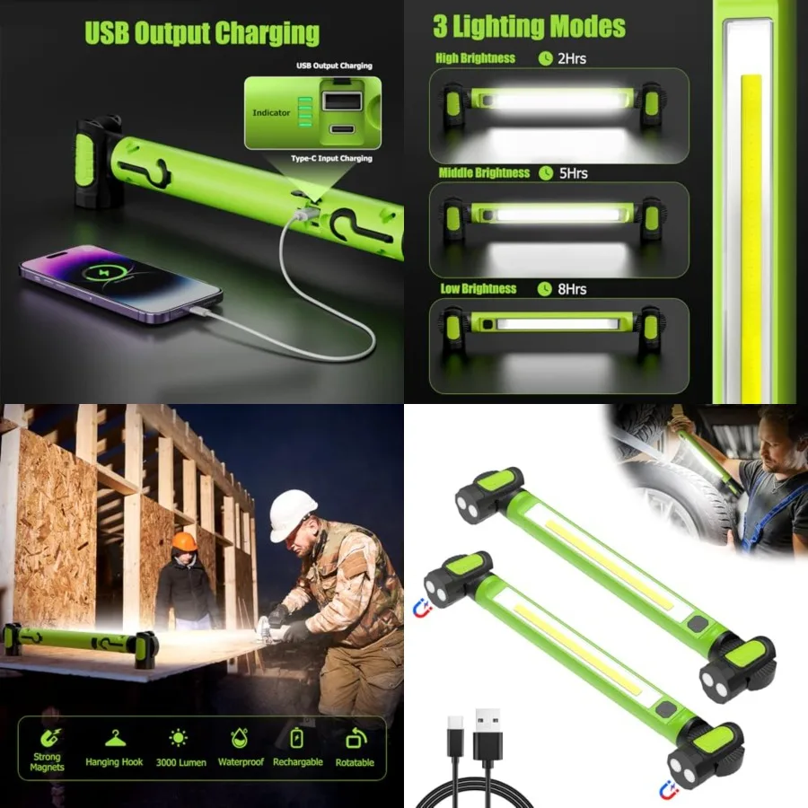 2 Pack Mechanic Work Light, 3000LM Rechargeable LED Bar, Portable, Magnetic, Hooks, SOS Flashlight