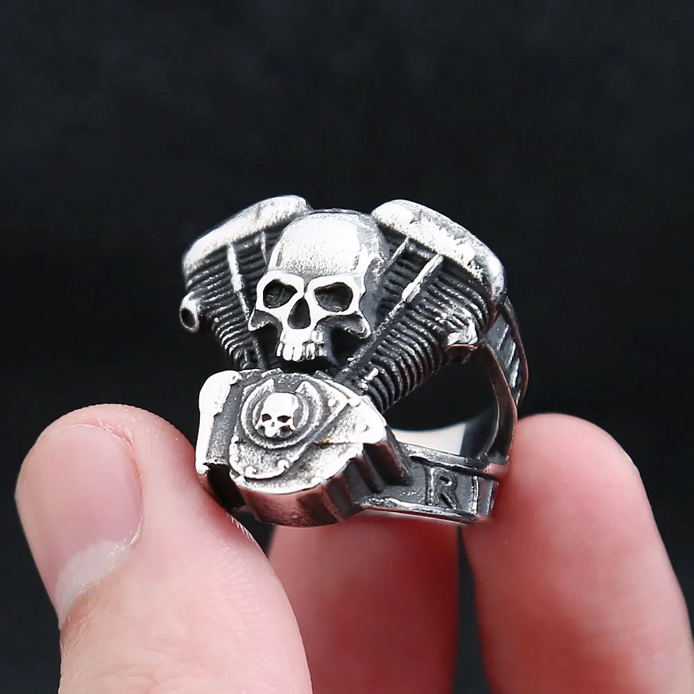 Vintage Gothic Motorcycle Engine Skull Rings for Men Boys Stainless Steel Punk Biker Ring Fashion Rider Jewelry Gift Wholesale