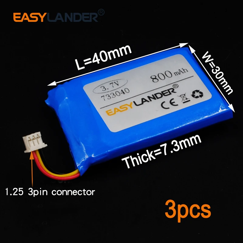 

Перезаряжаемый литий-полимерный литий-ионный аккумулятор 3,7 в 800 мАч для bluetooth гарнитуры GPS PSP, PDA MP3 MP4 733040 1,25 3pin разъем, 3 шт.