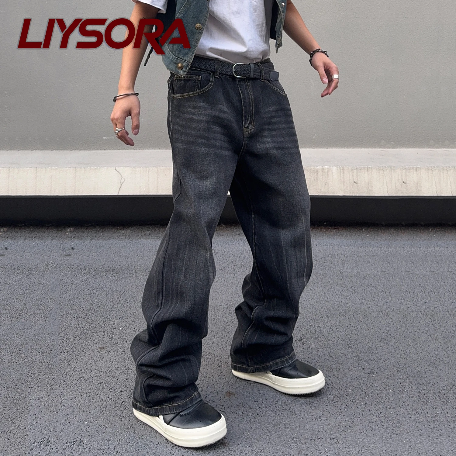

American Style Men's Black Retro Baggy Straight Leg Jeans Male Daily Travel Business Casual High Street Loose Denim Pants Unisex
