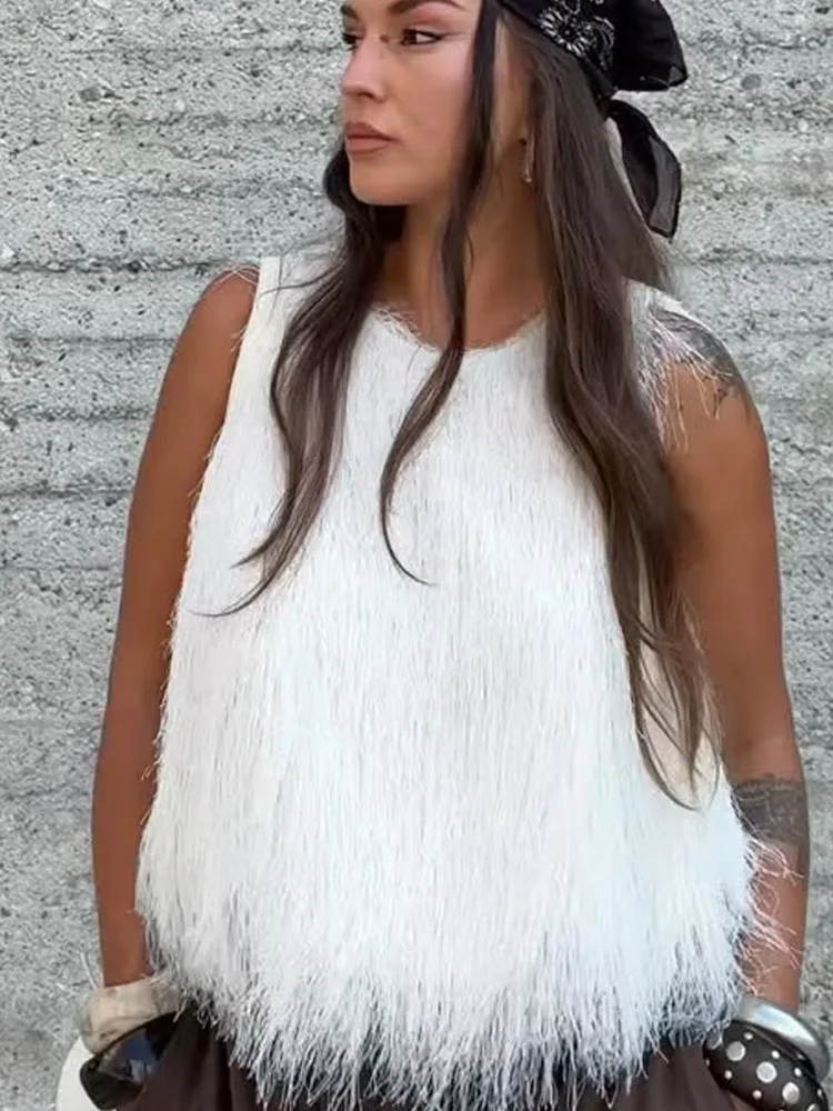 HH mujeres moda borla decorado Casual estilo callejero Top corto verano mujer Chic Sexy cuello redondo forro sólido ajustado chaleco Tops