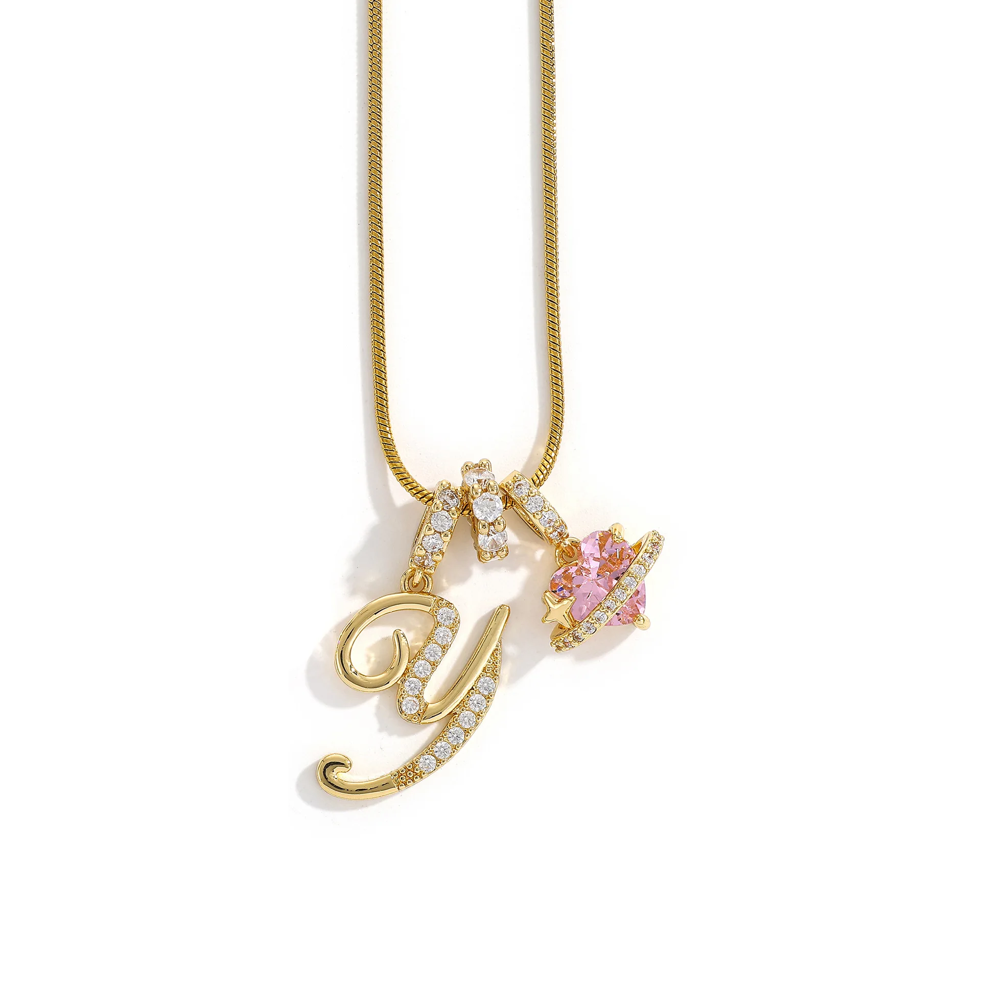 Women's A-Z Initial Letter Pendant Necklace Snake Chain Initial Alphabet CZ Pink Heart Necklace Adjustable Size Hypoallergenic