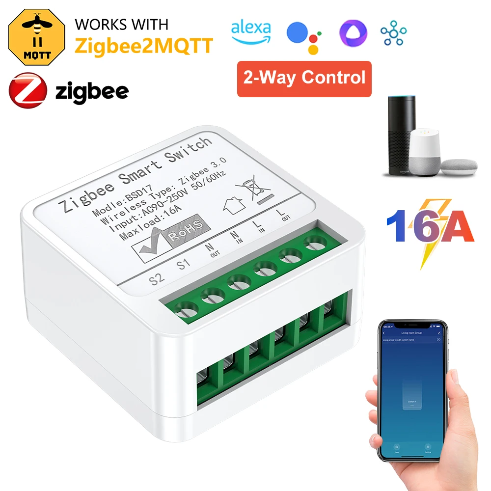 

Модуль умного переключателя Zigbee2MQTT 16A, реле автоматизации, поддержка 2-стороннего управления с модулем переключателя освещения монитора мощности