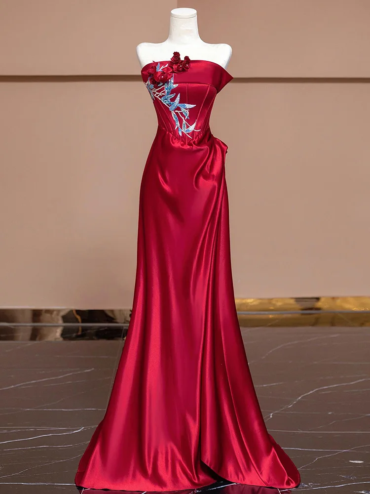 

Red Satin Evening Gown Women's Luxury Sensation Bridesmaid Dr Chinese Sle Engagement Dinner Par Thank You Banquet