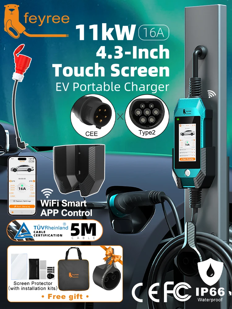 Feyree EV-Ladegerät 16A 11kW 3P 4,3-Zoll-Touchscreen & Ladeverlauf Typ 2 Tragbares Ladegerät Smart-App WLAN-Steuerung für Elektrofahrzeuge