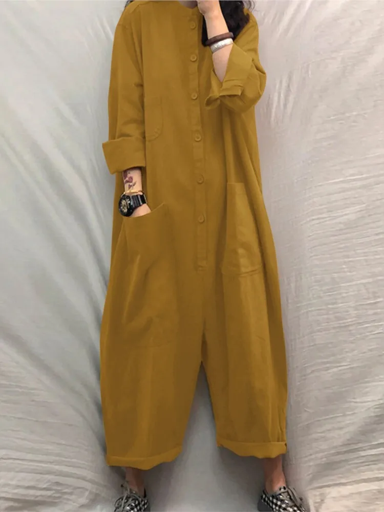 Spring New Fashion O-neck Jumpsuits Long-sleeved Single-breasted Jumpsuits For Women Solid Color Multi-pocket Casual Jumpsuits