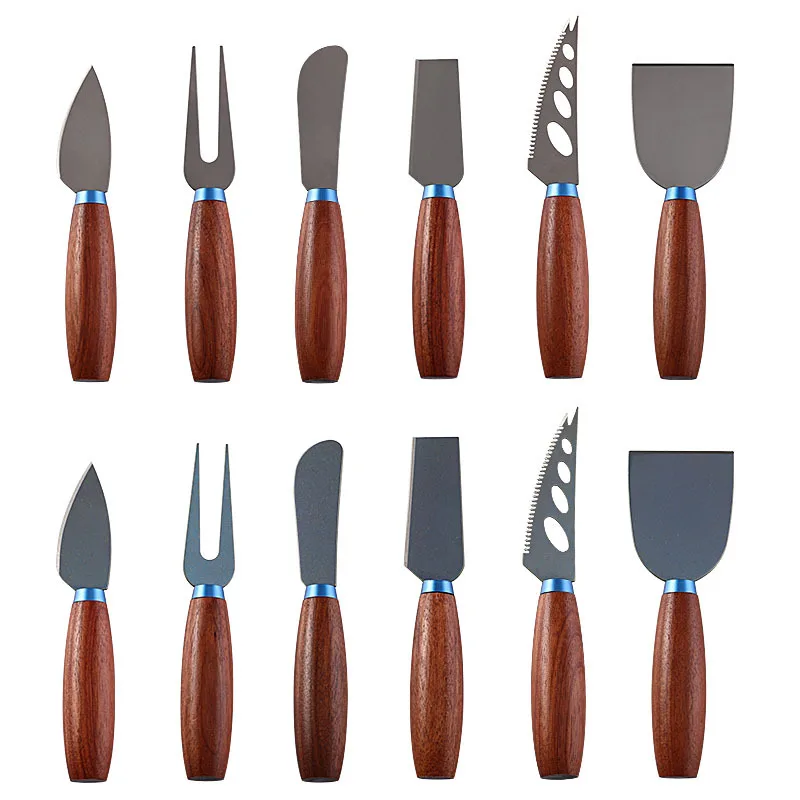 

High-end titanium alloy cheese knife flower + wooden handle cheese set Western knife and fork butter cream knife