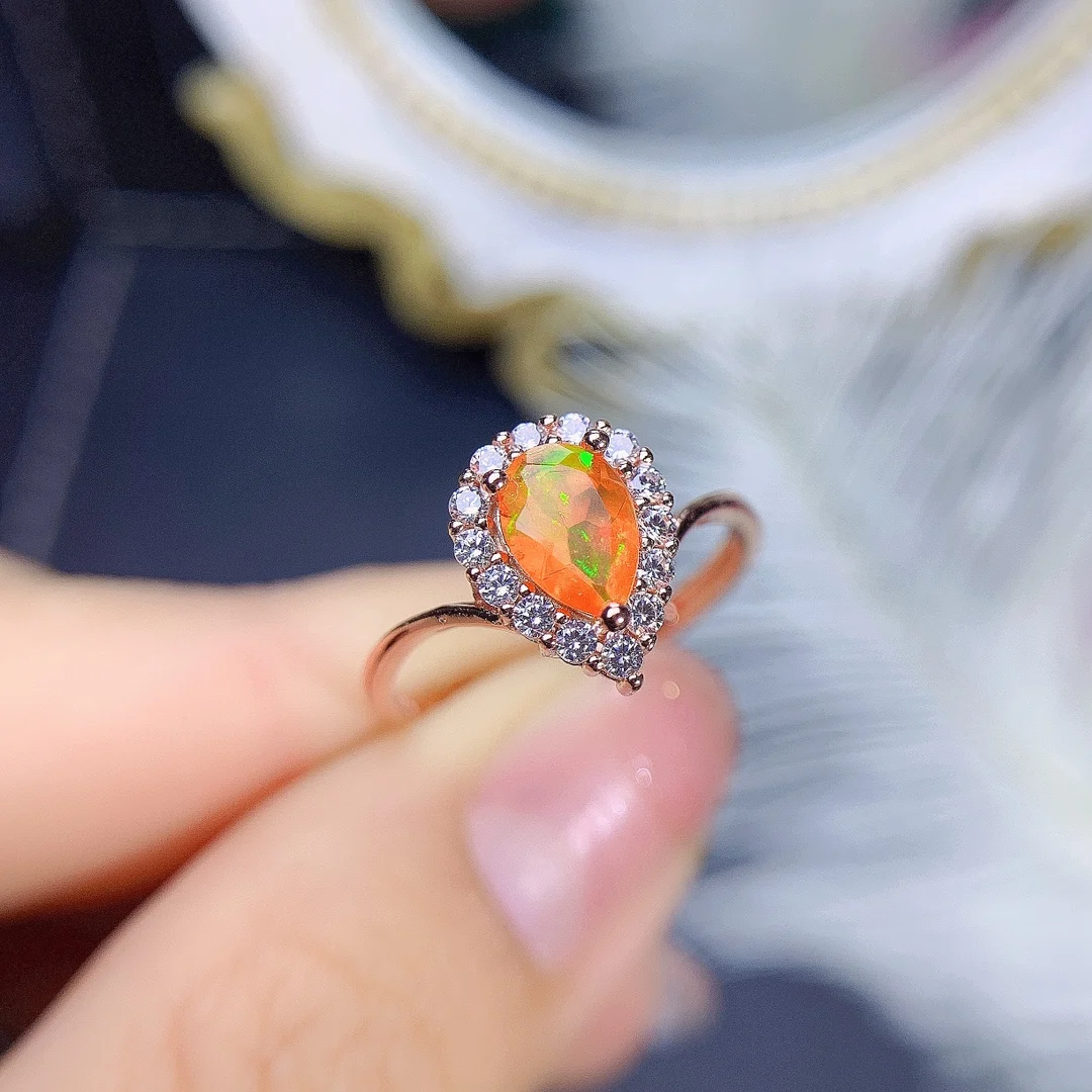 Natural Opal Halo Promise Ring Sterling Silver 925 Engagement October Birthstone Ring Pear 5x7mm Opal Halo Curved Ring - view 2