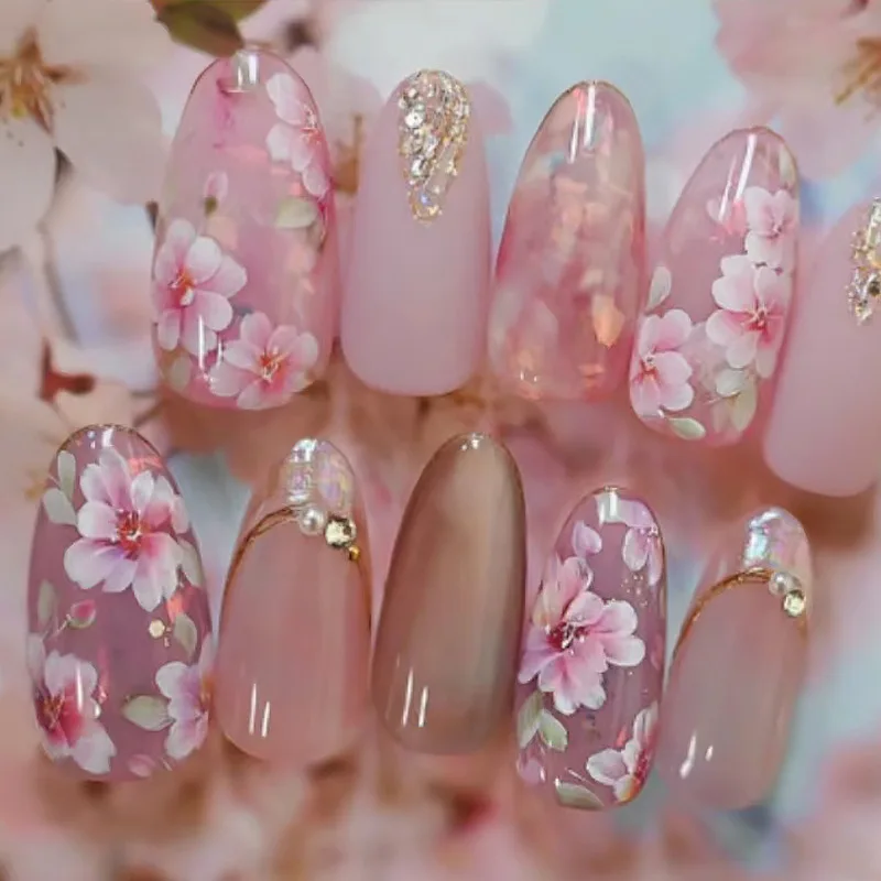 24pcs/30pcs/set Medium long 3D fake nails flowers golden foil bow rhinestones pink white leopard nail tips press on false nails image 5
