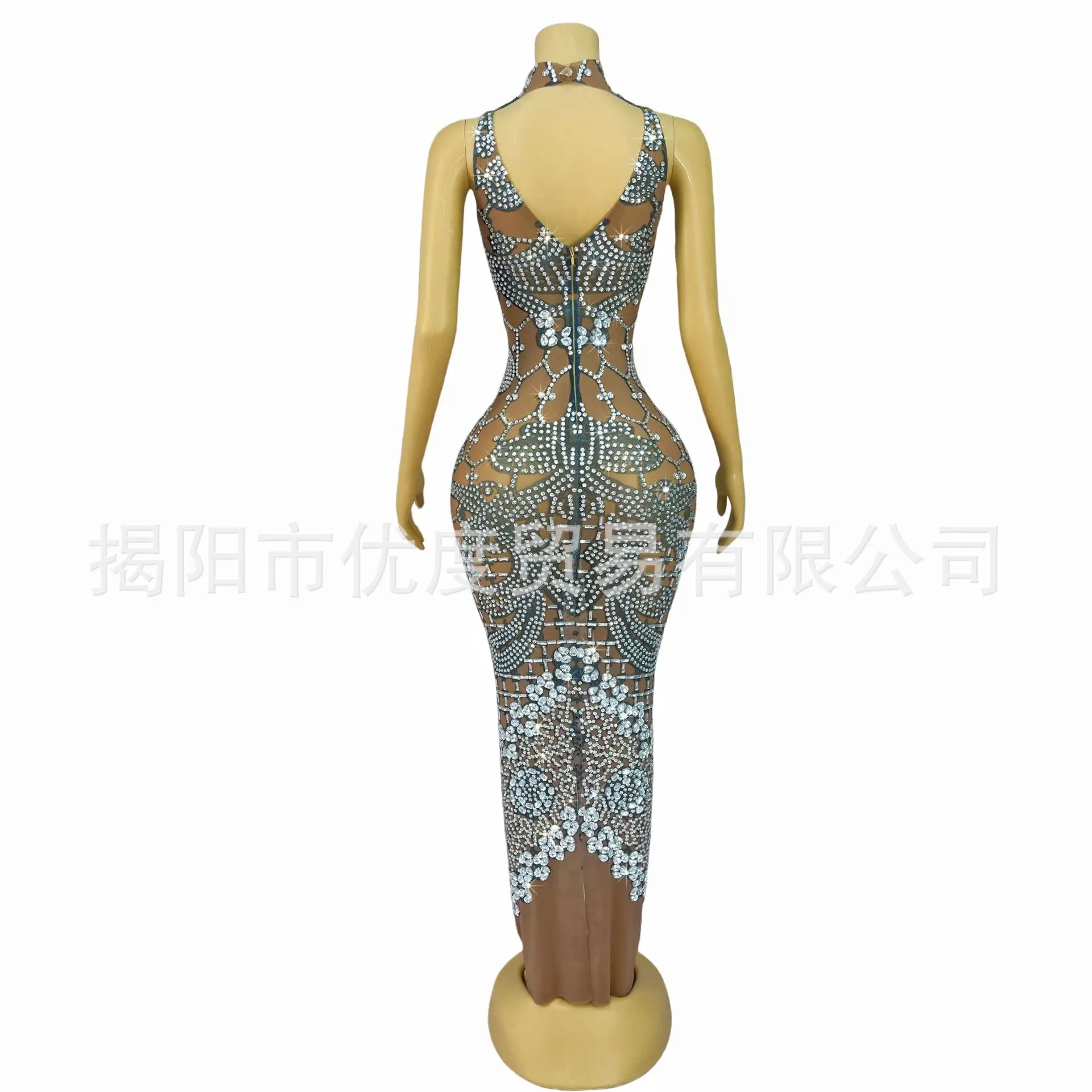High Neck Sleeveless Pattern Handmade Rhinestones Skinny Perspective Mesh Birthday Dress Cocktail Party Ball Night Long Dress